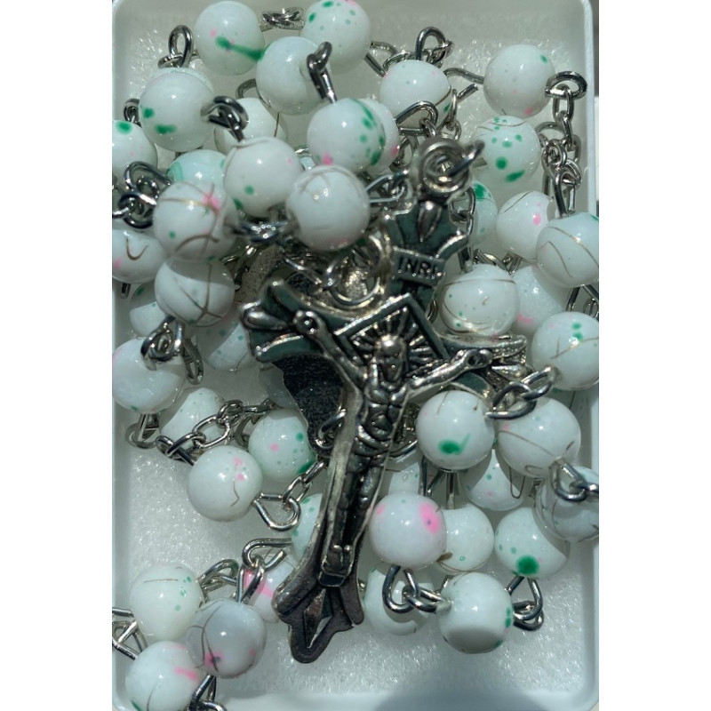Boxed White Rosary. 383/10.
