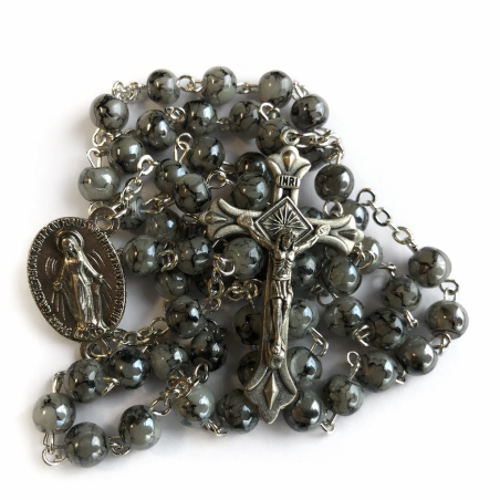 Boxed Grey Bead Rosary. 389/40.