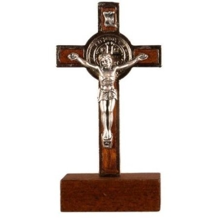 9cm Metal St Benedict Crucifix on wood base