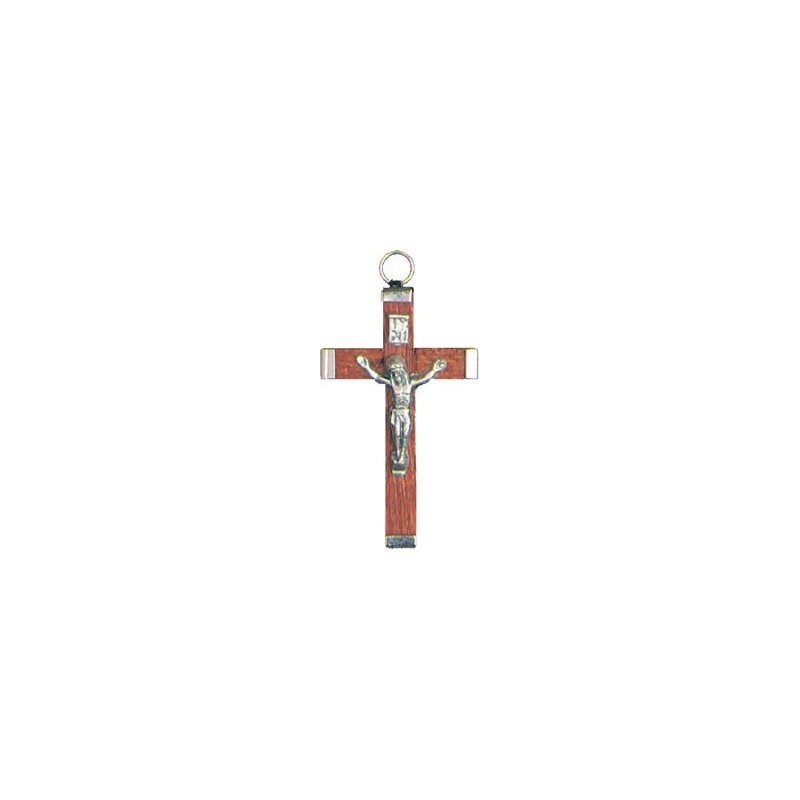 Pack of Three. 4cm Metal and Brown Wood Crucifix. 