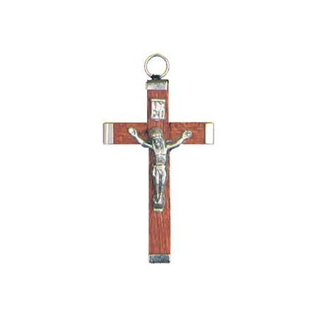 Pack of Three. 4cm Metal and Brown Wood Crucifix. 