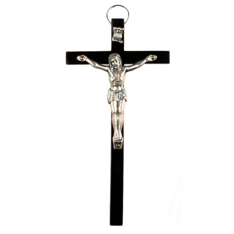 15cm Crucifix black wood cross with oxidised metal corpus