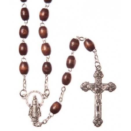 Brown Wood  Rosary Bead. With Metal Crucifix and Oval Wood Beads