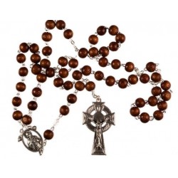 Brown Wood Rosary Bead. With Metal Celtic Cross Crucifix and Carved Wood Beads