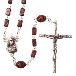 Brown Wood  Rosary Bead. With Metal Crucifix and Square Wood Beads
