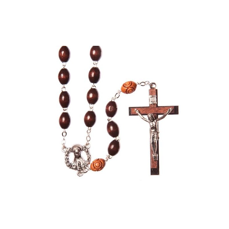 Brown Wood  Rosary Bead. With Metal Crucifix and Oval Beads