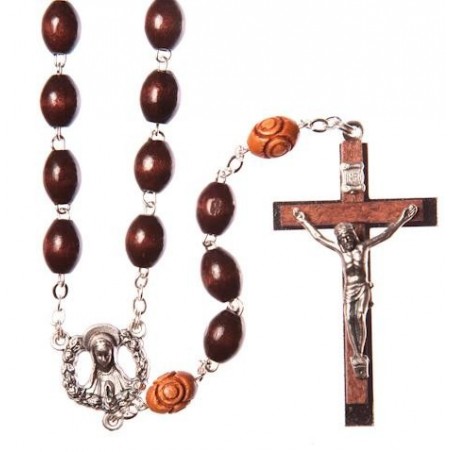 Brown Wood  Rosary Bead. With Metal Crucifix and Oval Beads