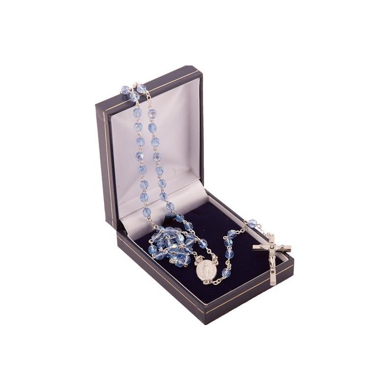 Blue Crystal Rosary Beads. Supplied in Gift Presentation Case.