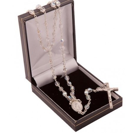 Clear Crystal Glass Rosary Beads. Supplied in Gift Presentation Case.