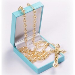 Cream Pearl Rosary Beads with Gold Plating. Supplied in Gift Presentation Case.