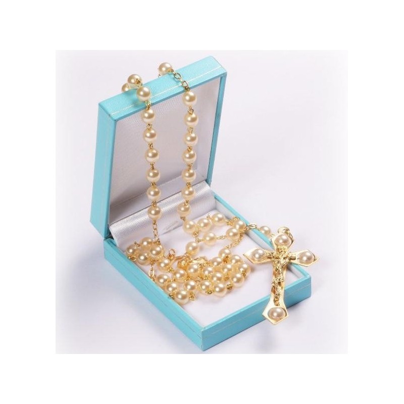 Cream Pearl Rosary Beads with Gold Plating. Supplied in Gift Presentation Case.