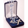Large Carved Glass Blue Rosary Beads. Supplied in Gift Presentation Case.