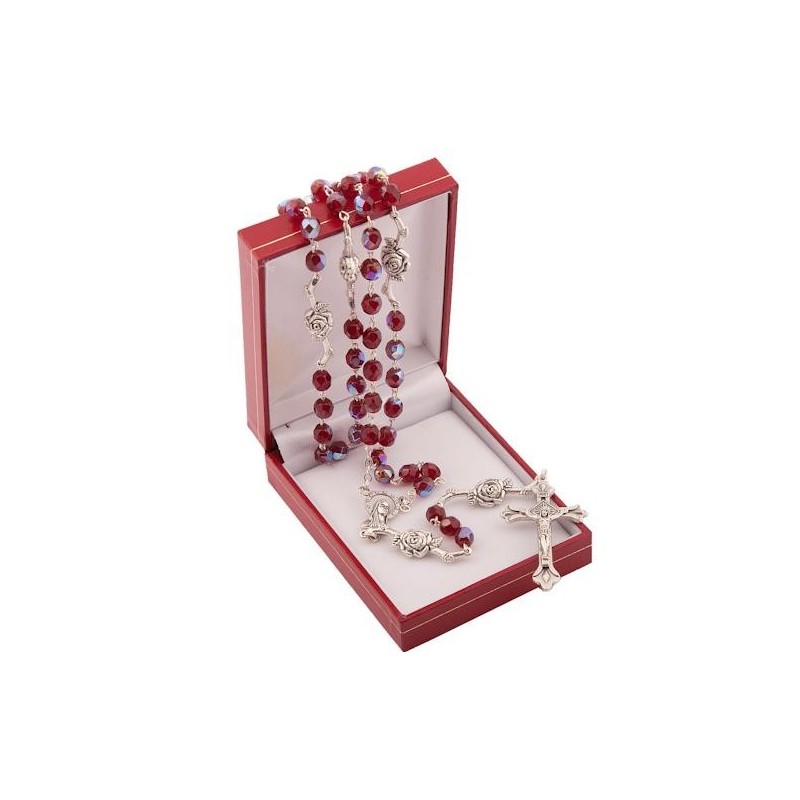 Garnet Red Crystal Glass Rosary Beads. Metal Rose Paters.Supplied in Gift Presentation Case.
