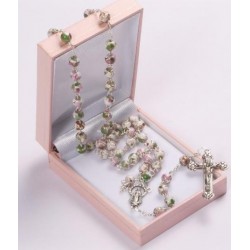 Pink Patterned Rosary Beads. Supplied in Gift Presentation Case.