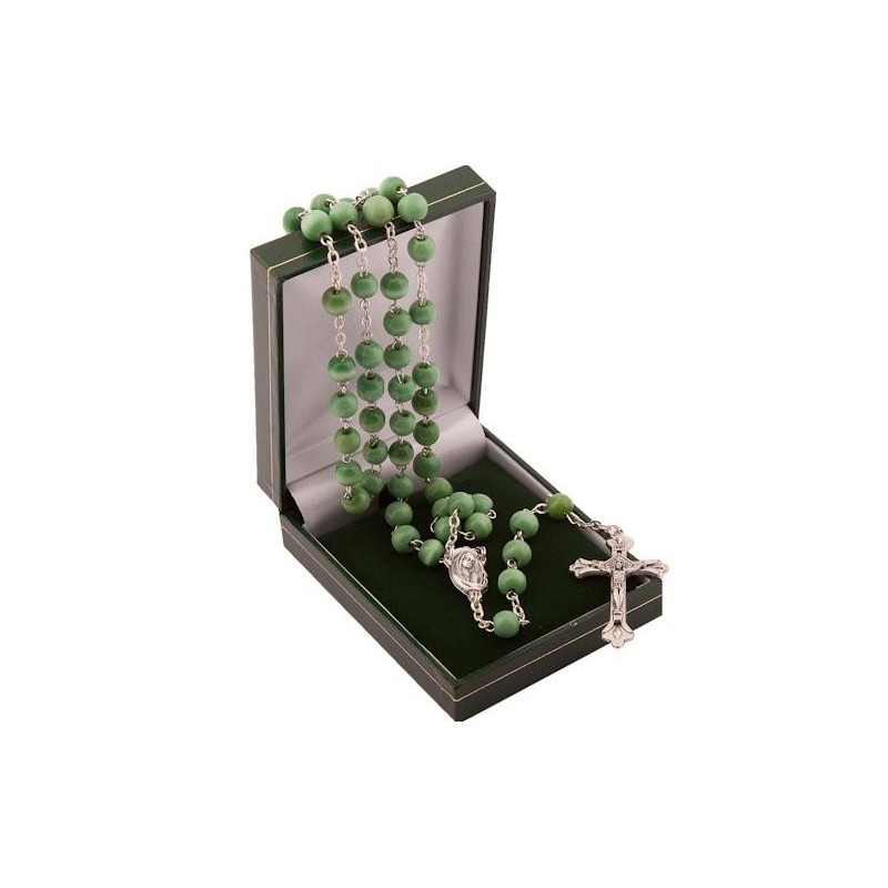 Round Green Glass  Rosary Beads. Supplied in Gift Presentation Case.